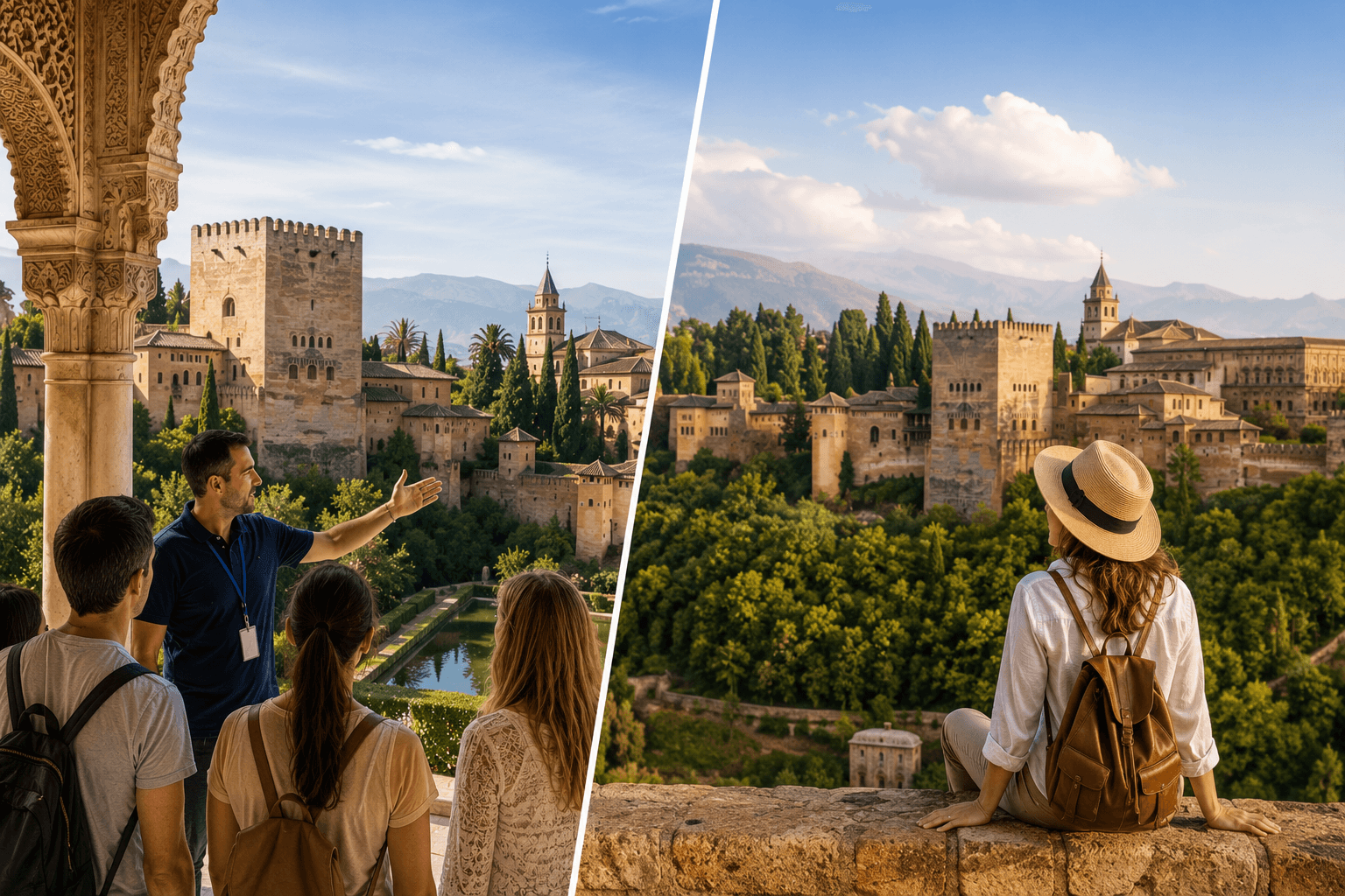 Comparison of a guided Alhambra tour and an independent visit overlooking the historic Alhambra complex in Granada, Spain.